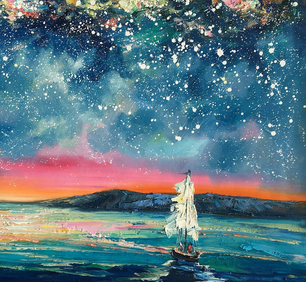 Landscape Oil Paintings, Sail Boat under Starry Night Sky Painting, Landscape Canvas Paintings, Custom Landscape Wall Art Paintings for Living Room