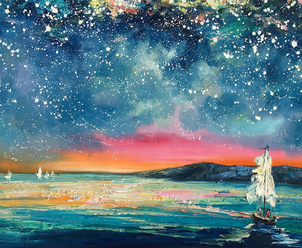 Landscape Oil Paintings, Sail Boat under Starry Night Sky Painting, Landscape Canvas Paintings, Custom Landscape Wall Art Paintings for Living Room