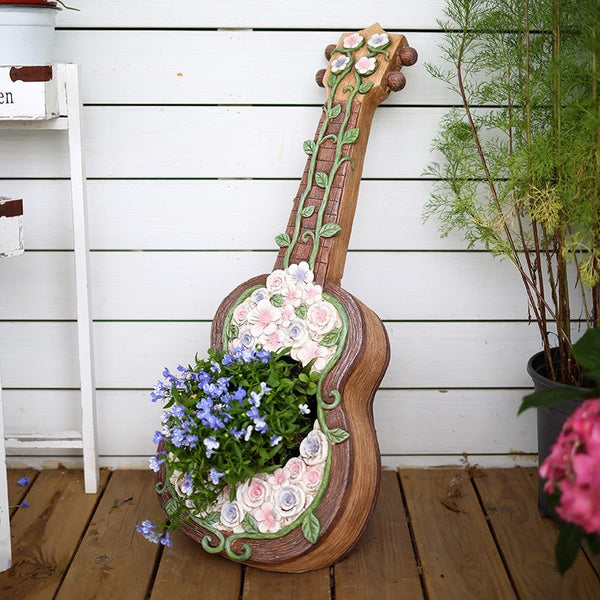 Modern Garden Flower Pot, Unique Guitar Flowerpot for Garden Ornaments, Beautiful Guitar Flowerpot, Villa Outdoor Decor Gardening Ideas-ArtWorkCrafts.com