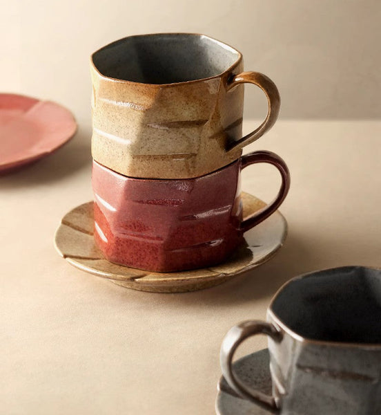 Modern Handmade Pottery Coffee Cup, Creative Ceramic Coffee Cup with Saucer, Unique Tea Cup and Saucer, Tea Cup Set for Afternoon Tea-ArtWorkCrafts.com