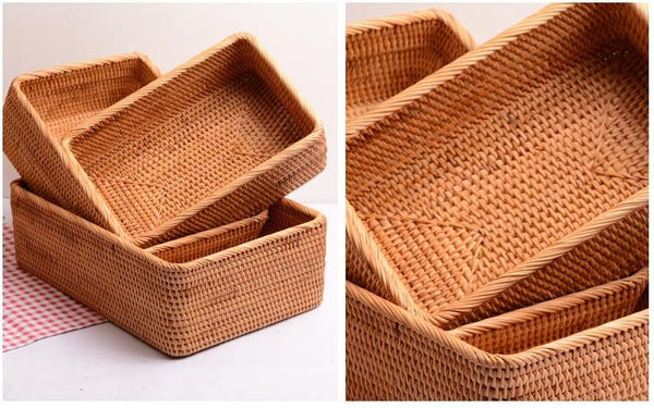 Rectangular Storage Basket for Living Room, Small Kitchen Storage Baskets, Woven Storage Baskets, Rattan Storage Baskets for Shelves-ArtWorkCrafts.com