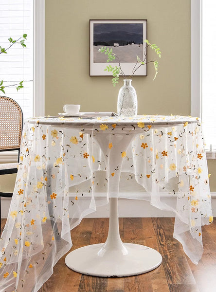Yellow Flower Lace Tablecloths, Extra Large Rectangular Tablecloth for Oval Table, Lace Embroidered Table Covers, Rectangular Table Covers for Coffee Table-ArtWorkCrafts.com