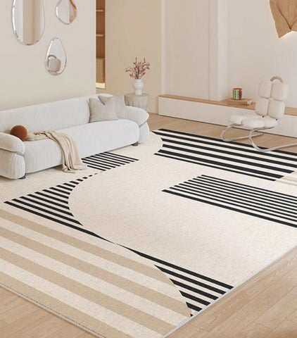 Modern Rugs for Dining Room, Contemporary Modern Rugs, Modern Rugs for Living Room, Black Stripe Abstract Contemporary Rugs Next to Bed-ArtWorkCrafts.com
