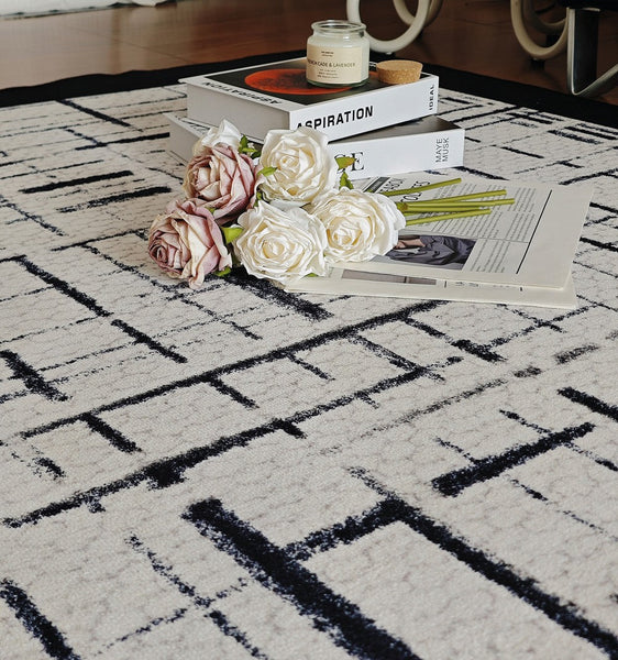 Modern Rugs for Living Room, Black Contemporary Modern Rugs, Modern Rugs for Dining Room, Abstract Contemporary Rugs Next to Bed-ArtWorkCrafts.com