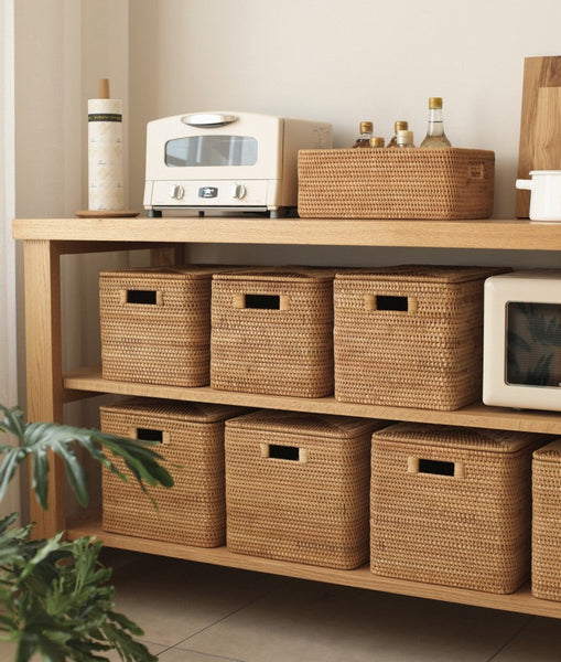 Wicker Storage Baskets for Bathroom, Rattan Rectangular Storage Basket with Lid, Extra Large Storage Baskets for Clothes, Storage Baskets for Bedroom-ArtWorkCrafts.com