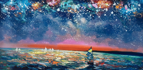 Bedroom Canvas Art, Landscape Painting, Boat under Starry Night Sky Painting, Custom Large Painting-ArtWorkCrafts.com