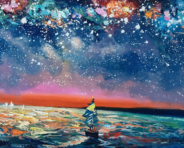 Bedroom Canvas Art, Landscape Painting, Boat under Starry Night Sky Painting, Custom Large Painting-ArtWorkCrafts.com