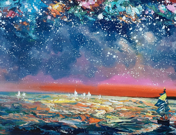 Bedroom Canvas Art, Landscape Painting, Boat under Starry Night Sky Painting, Custom Large Painting