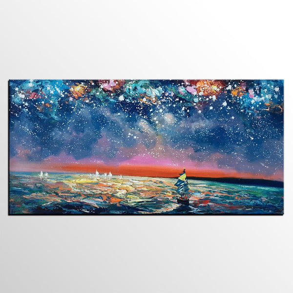 Bedroom Canvas Art, Landscape Painting, Boat under Starry Night Sky Painting, Custom Large Painting