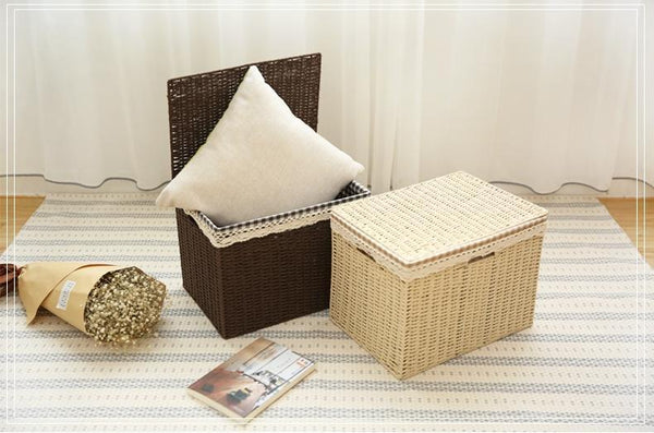 Large Deep Brown / Cream Color Woven Straw basket with Cover, Storage Basket for Toys, Rectangle Storage Basket, Storage Basket for Clothes-ArtWorkCrafts.com