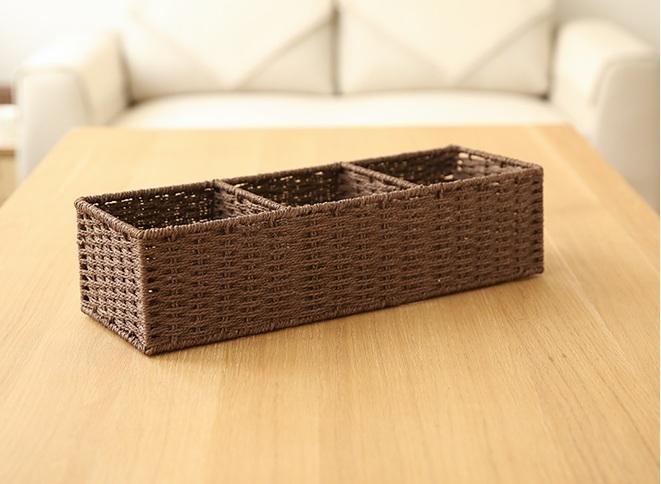 Woven Straw Storage basket with 3 Compartments, Wicker Storage Basket, Rectangle Storage Basket for Living Room-ArtWorkCrafts.com