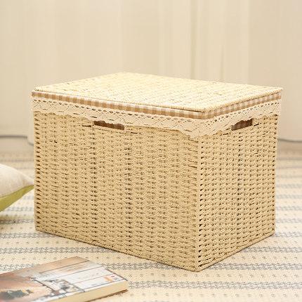 Large Deep Brown / Cream Color Woven Straw basket with Cover, Storage Basket for Toys, Rectangle Storage Basket, Storage Basket for Clothes-ArtWorkCrafts.com