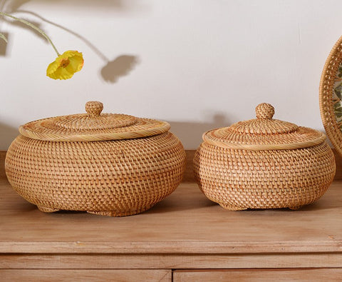 Woven Storage Basket for Kitchen, Round Storage Basket, Rattan Baskets, Small Storage Baskets, Handmade Storage Baskets, Round Storage Basket with Lid-ArtWorkCrafts.com