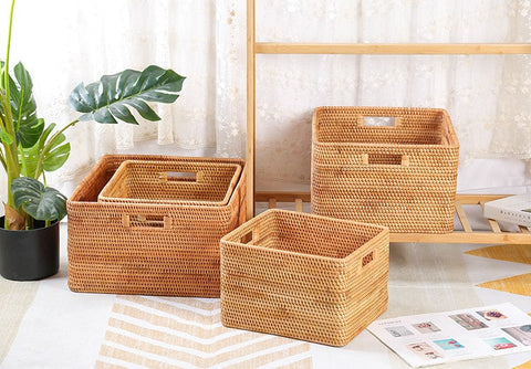 Woven Rattan Storage Baskets for Kitchen, Rectangular Storage Basket, Wicker Storage Basket for Clothes, Storage Baskets for Bathroom, Kitchen Storage Basket-ArtWorkCrafts.com