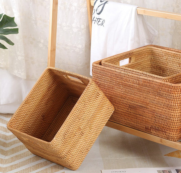 Woven Rattan Storage Baskets for Kitchen, Rectangular Storage Basket, Wicker Storage Basket for Clothes, Storage Baskets for Bathroom, Kitchen Storage Basket-ArtWorkCrafts.com