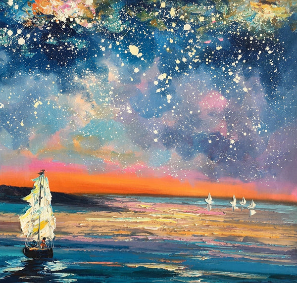 Landscape Canvas Painting, Large Canvas Wall Art, Starry Night Sky Painting, Custom Canvas Painting for Bedroom