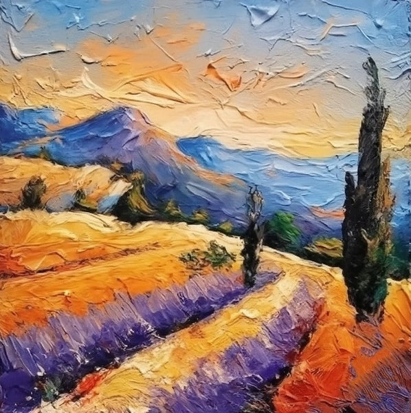 Simple Small Canvas Paintings, Original Small Landscape Paintings, Provence Lavender Field Cypress Tree Painting, Heavy Texture Acrylic Artwork, Easy Landscape Painting Ideas-ArtWorkCrafts.com