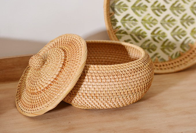 Woven Storage Basket for Kitchen, Round Storage Basket, Rattan Baskets, Small Storage Baskets, Handmade Storage Baskets, Round Storage Basket with Lid-ArtWorkCrafts.com