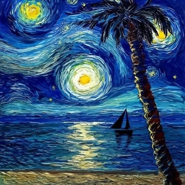 Heavy Texture Canvas Art, Easy Seascape Painting Ideas, Simple Small Canvas Paintings, Palette Knife Paintings, Sail Boat under Starry Night Painting, Small Landscape Painting-ArtWorkCrafts.com