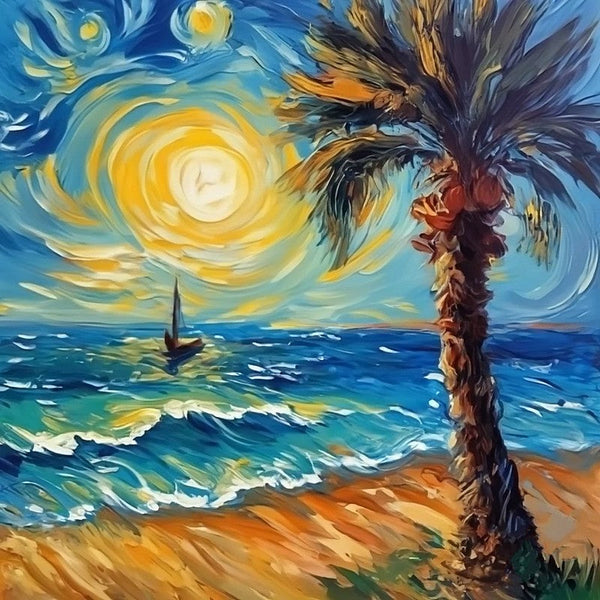 Palm Tree Sail Boat Seashore Beach Painting, Heavy Texture Canvas Art, Original Small Landscape Paintings, Small Palette Knife Oil Paintings, Easy Landscape Painting Ideas, Simple Small Canvas Paintings-ArtWorkCrafts.com