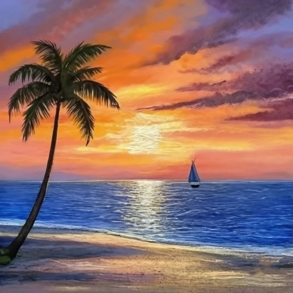 Original Small Landscape Paintings, Hawaii Seashore Beach Sail Boat Sunset Painting, Simple Small Canvas Paintings, Heavy Texture Acrylic Artwork, Easy Landscape Painting Ideas-ArtWorkCrafts.com