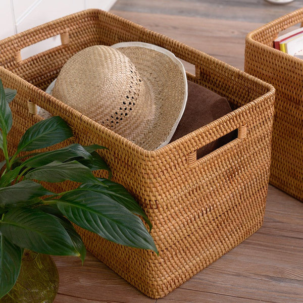 Woven Rattan Storage Baskets for Kitchen, Rectangular Storage Basket, Wicker Storage Basket for Clothes, Storage Baskets for Bathroom, Kitchen Storage Basket-ArtWorkCrafts.com