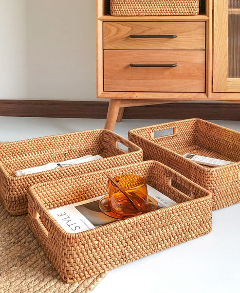 Woven Rectangular Basket with Handle, Rattan Storage Basket for Shelves, Woven Storage Baskets for Bathroom-ArtWorkCrafts.com