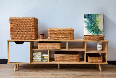 Woven Storage Baskets, Rectangular Storage Basket with Lid, Large Storage Basket for Clothes, Storage Baskets for Shelves, Kitchen Storage Baskets-ArtWorkCrafts.com