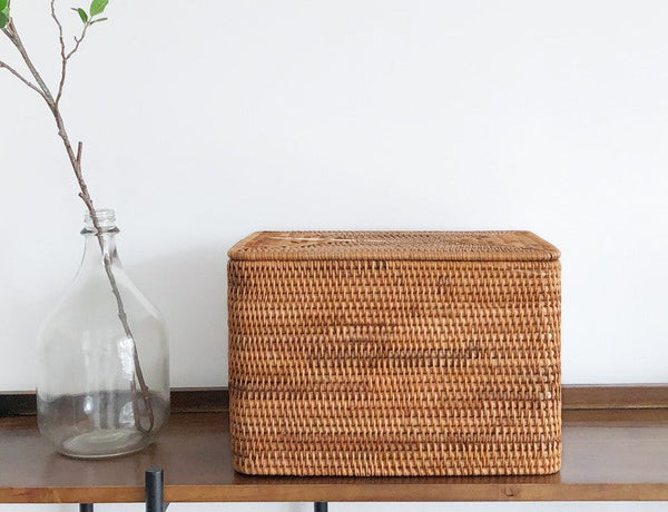 Woven Rattan Baskets, Rectangular Basket with Lid, Rectangular Storage Baskets, Storage Basket for Bedroom, Kitchen Storage Baskets-ArtWorkCrafts.com