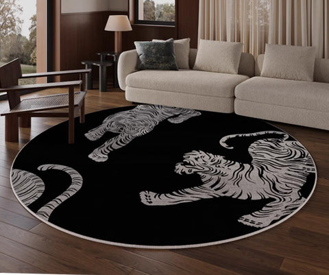 Modern Rugs for Dining Room, Tiger Black Modern Rugs for Bathroom, Abstract Contemporary Round Rugs, Circular Modern Rugs under Coffee Table-ArtWorkCrafts.com