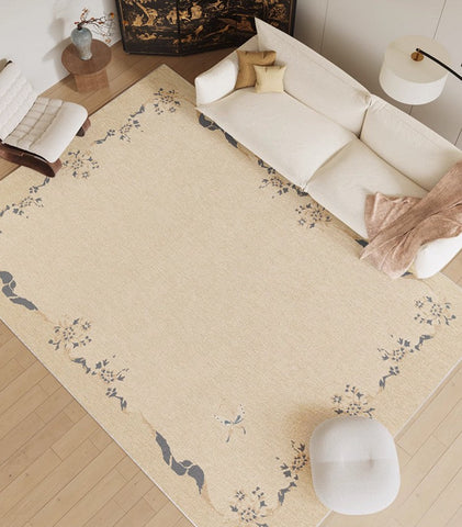 Cream Color Flower Pattern Rugs under Coffee Table, Large Modern Rugs for Bedroom, Modern Rugs for Living Room, Contemporary Modern Rugs for Dining Room-ArtWorkCrafts.com