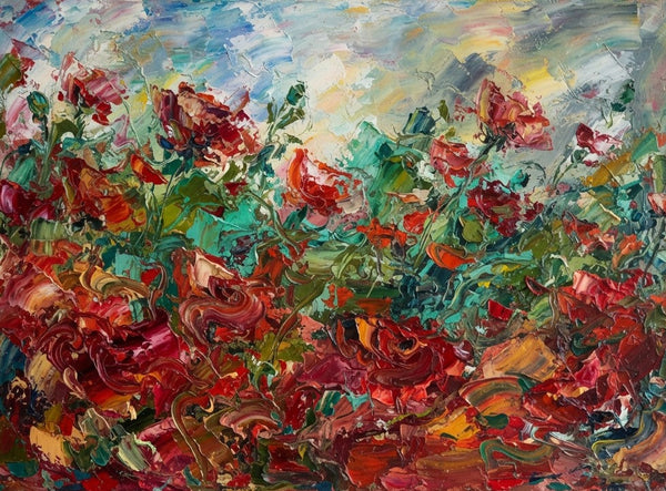 Heavy Texture Artwork, Abstract Red Poppy Flower Field Painting, Original Oil Paintings, Original Landscape Paintings, Impasto Paintings