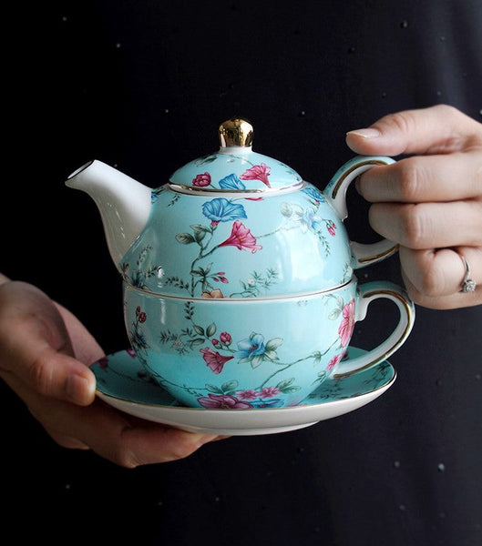 Stackable Teapot and Cup Set, Ceramic Tea Pot with Integrated Cup, Porcelain Teapot with Matching Cup and Saucer in Gift Box, Mother and Baby Teapot with Matching Saucer-ArtWorkCrafts.com
