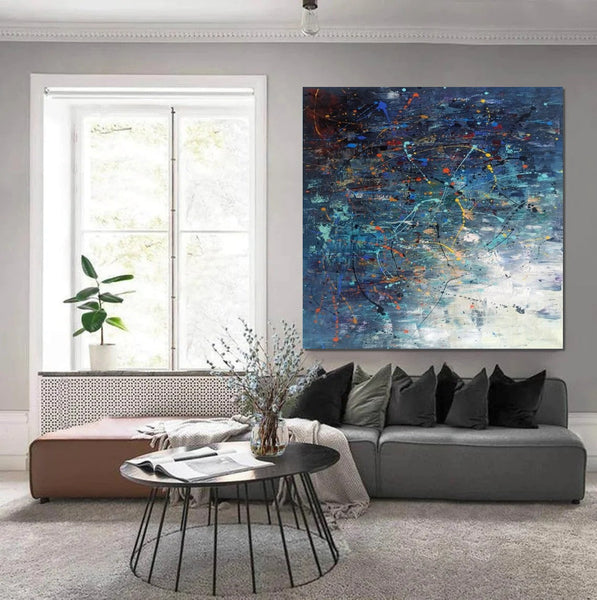 Modern Abstract Wall Art, Large Painting for Sale, Easy Painting Ideas for Living Room, Blue Acrylic Painting on Canvas, Huge Canvas Paintings