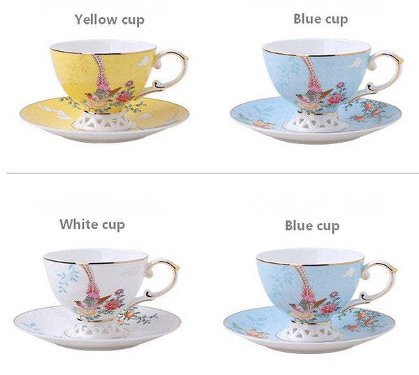 Elegant Oriental Pheasant Ceramic Cups, Beautiful Bird Pattern Tea Cups, 8 oz Porcelain Tea Cup Saucer Set of 2 Cups, Unique Tea Cup and Saucer in Gift Box-ArtWorkCrafts.com