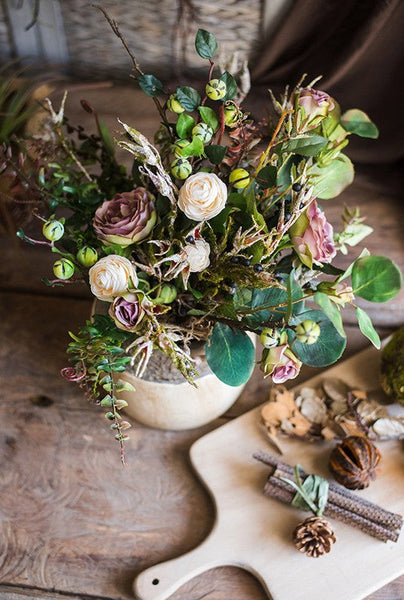 Eucalyptus leaves, Rose, Ranunculus Asiaticus Flowers, Beautiful Modern Flower Arrangement for Living Room, Ctreative Artificial Floral for Home Decoration-ArtWorkCrafts.com