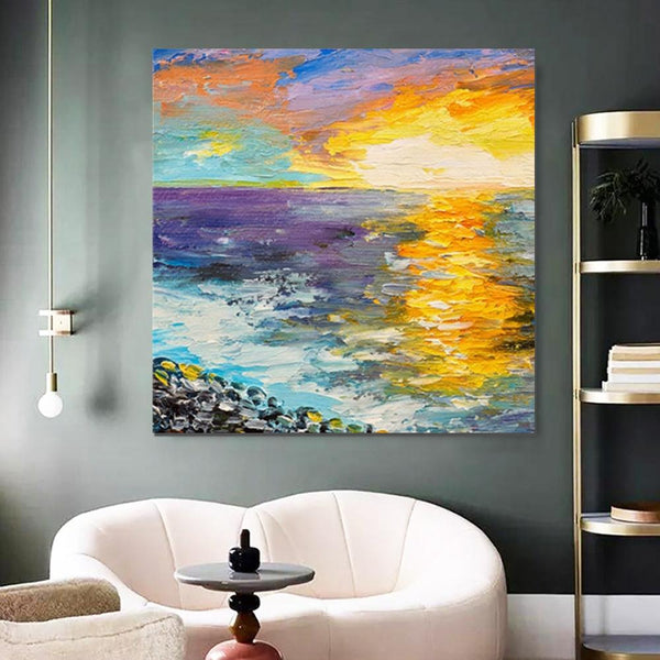 Seascape Sunrise Painting, Abstract Landscape Painting, Landscape Paintings for Living Room, Heavy Texture Wall Art Painting, Bedroom Wall Art Ideas-ArtWorkCrafts.com