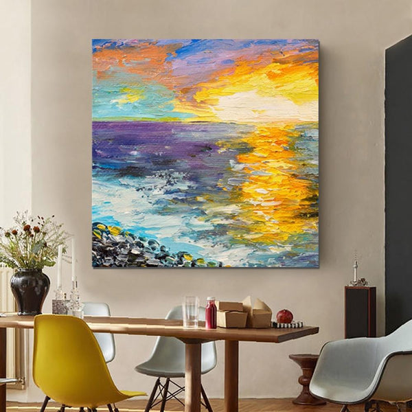 Seascape Sunrise Painting, Abstract Landscape Painting, Landscape Paintings for Living Room, Heavy Texture Wall Art Painting, Bedroom Wall Art Ideas-ArtWorkCrafts.com