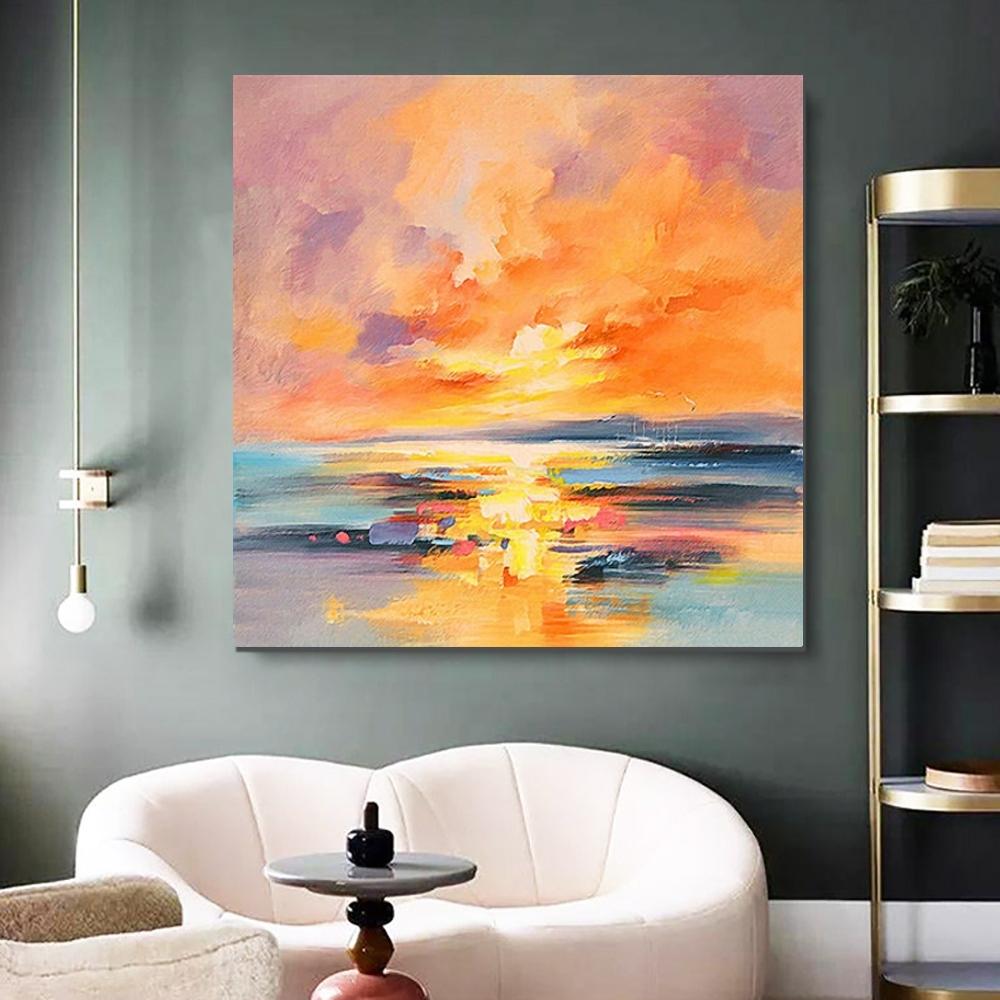 Abstract Sunrise Landscape Painting Large Canvas, Hand Painted Living Room Art, Warm Golden Hues, Atmospheric Horizon View, Nature Inspired Abstraction, Impressionist Influence, Serene Morning Scene, Textured Sky Effect, Oversized Landscape Art, Calming Wall Decor