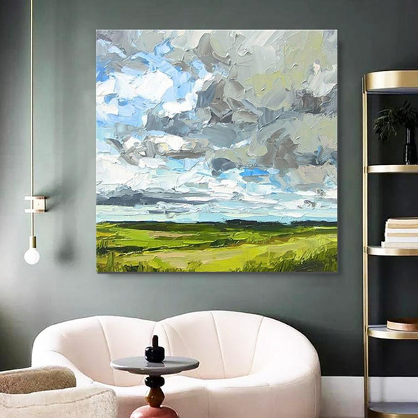 Abstract Landscape Painting, Grass Land under Sky Painting, Large Acrylic Paintings for Bedroom, Heavy Texture Canvas Art, Landscape Paintings for Living Room-ArtWorkCrafts.com
