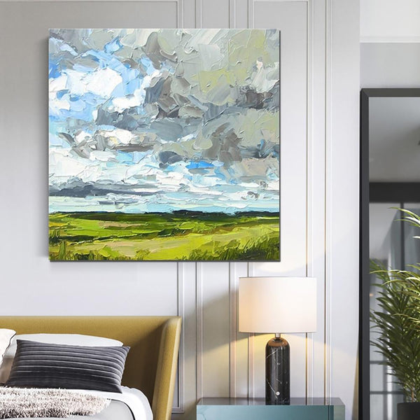 Abstract Landscape Painting, Grass Land under Sky Painting, Large Acrylic Paintings for Bedroom, Heavy Texture Canvas Art, Landscape Paintings for Living Room-ArtWorkCrafts.com