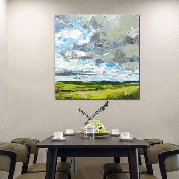 Abstract Landscape Painting, Grass Land under Sky Painting, Large Acrylic Paintings for Bedroom, Heavy Texture Canvas Art, Landscape Paintings for Living Room-ArtWorkCrafts.com