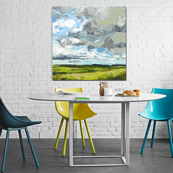 Abstract Landscape Painting, Grass Land under Sky Painting, Large Acrylic Paintings for Bedroom, Heavy Texture Canvas Art, Landscape Paintings for Living Room-ArtWorkCrafts.com