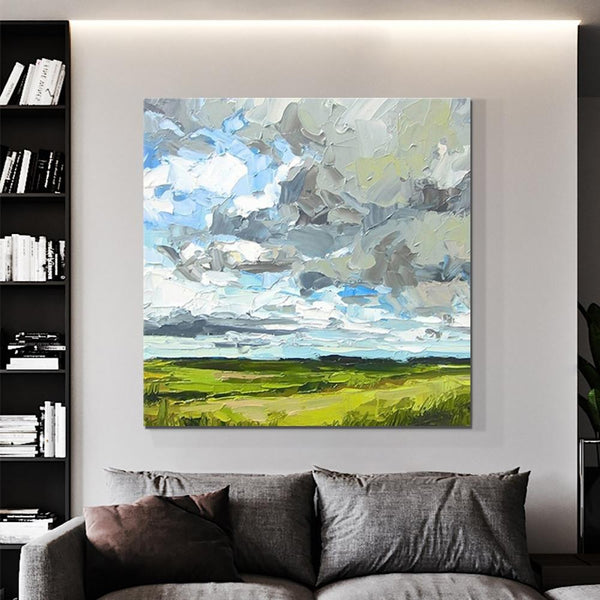 Abstract Landscape Painting, Grass Land under Sky Painting, Large Acrylic Paintings for Bedroom, Heavy Texture Canvas Art, Landscape Paintings for Living Room-ArtWorkCrafts.com