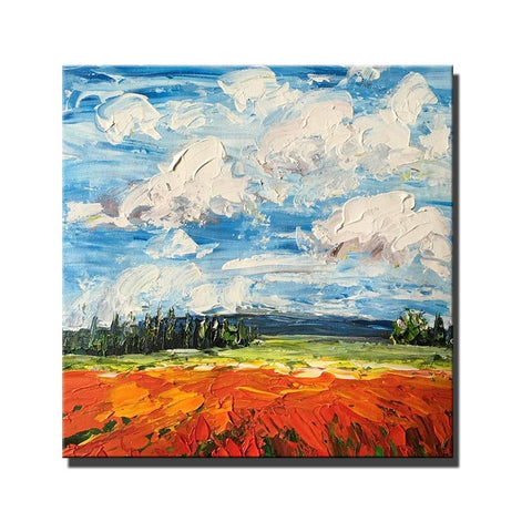 Red Poppy Field and Sky, Abstract Landscape Painting, Landscape Paintings for Living Room, Large Landscape Painting for Dining Room, Heavy Texture Painting-ArtWorkCrafts.com