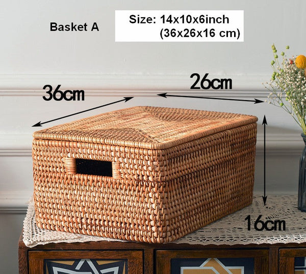 Extra Large Storage Baskets for Clothes, Oversized Rectangular Storage Basket with Lid, Wicker Rattan Storage Basket for Shelves, Storage Baskets for Bedroom-ArtWorkCrafts.com