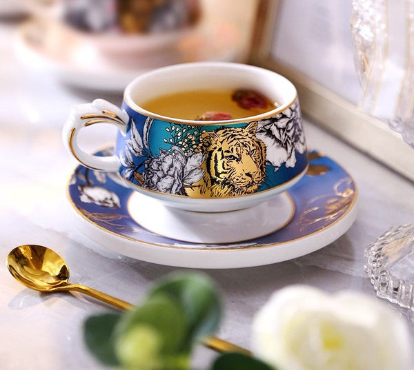 Unique Ceramic Cups with Gold Trim and Gift Box, Creative Ceramic Tea Cups and Saucers, Jungle Tiger Cheetah Porcelain Coffee Cups-ArtWorkCrafts.com