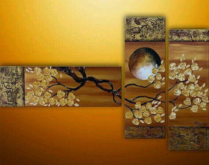 Flower and Moon Painting, Bedroom Wall Art, Abstract Painting, Acrylic Art, 3 Piece Wall Art-ArtWorkCrafts.com