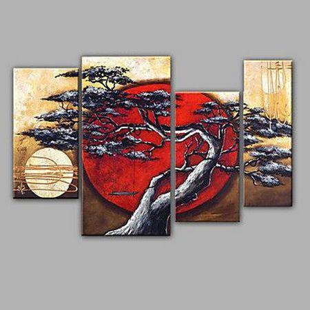 4 Piece Canvas Paintings, Tree Paintings, Moon and Tree Painting, Buy Art Online, Large Painting for Sale, Living Room Acrylic Paintings-ArtWorkCrafts.com