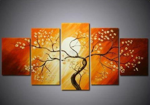 Flower Tree under Moon Painting, 5 Piece Canvas Art, Abstract Painting, Bedroom Canvas Painting-ArtWorkCrafts.com